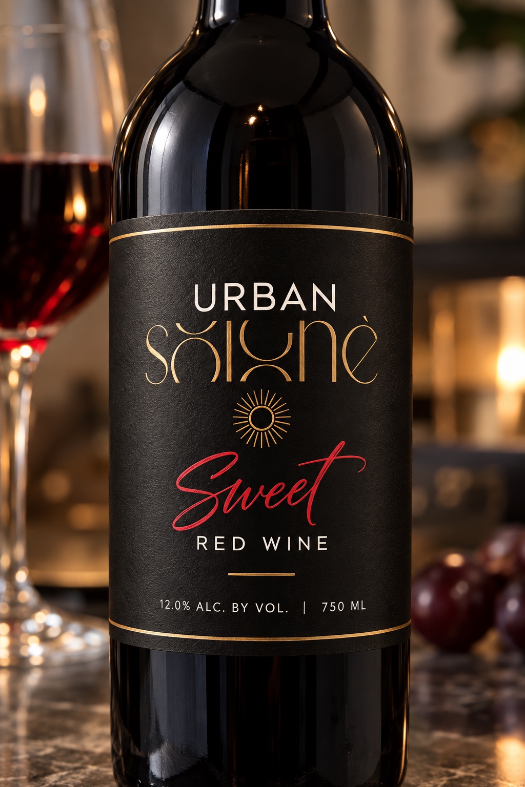 Urban Soigné Sweet Red wine bottle with its black and gold label, beside a glass of red wine in a warm candlelit setting
